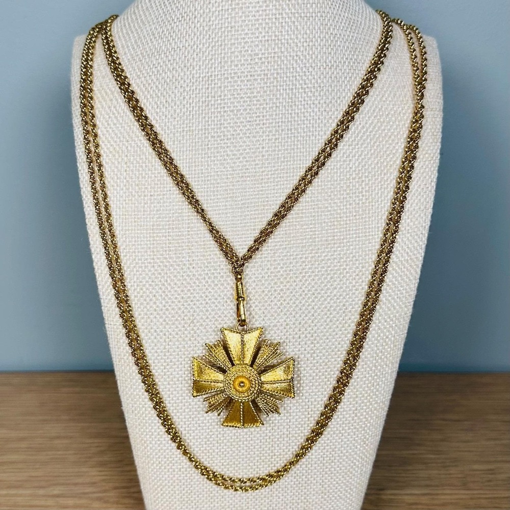 Vintage 60s 70s Monet Maltese Cross Pendant Brooch Multi Strand Slide Necklace